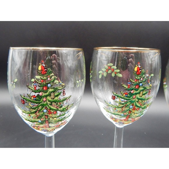 Spode Christmas Tree Wine Water Glasses Goblets Gold Trim 7-1/2 Inch Set of 4 - Picture 6 of 13